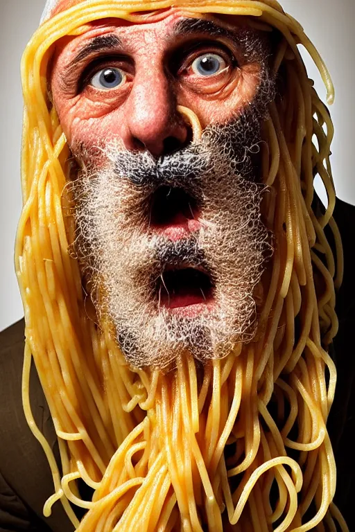 Image similar to extremely detailed portrait of old italian cook, spaghetti mustache, slurping spaghetti, spaghetti in the nostrils, spaghetti hair, spaghetti beard, huge surprised eyes, shocked expression, scarf made from spaghetti, full frame, award winning photo by eric lafforgue