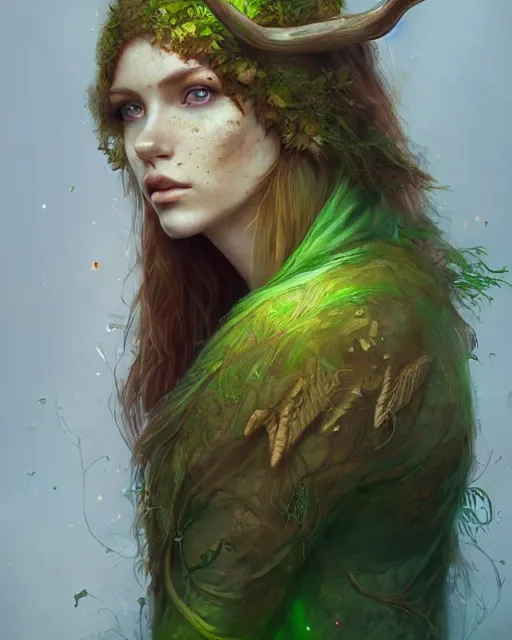Prompt: female druid, perfect face, thin antlers, green tunic, ginger hair, cinematic, freckles, stunning, abs, highly detailed, psychedelic, digital painting, artstation, smooth, hard focus, illustration, art by jessica rossier and and brian froud