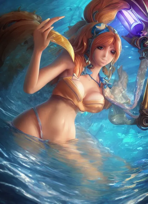 Image similar to nami, from league of legends, au naturel, underwater, fish skinned, hyper detailed, digital art, trending in artstation, cinematic lighting, studio quality, smooth render, unreal engine 5 rendered, octane rendered, art style by klimt and nixeu and ian sprigger and wlop and krenz cushart