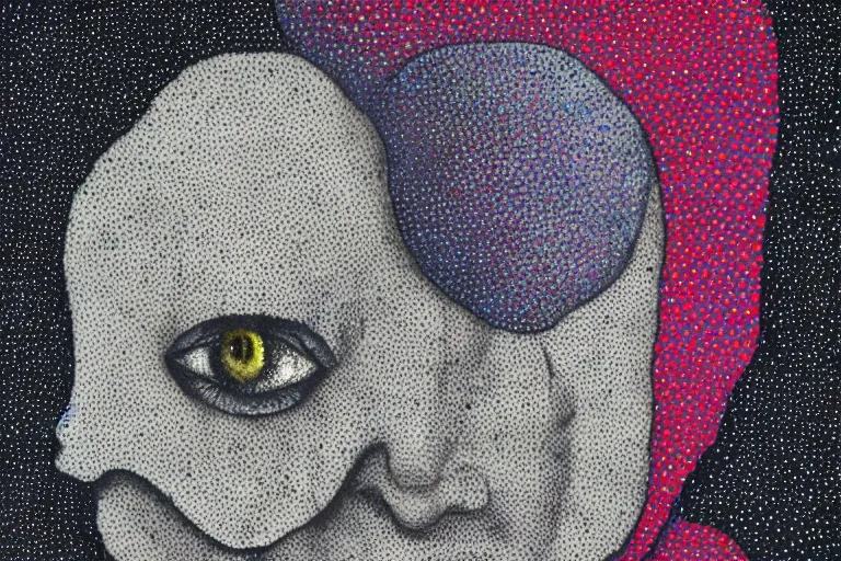 Image similar to anxiety, faceless people dark, dots, drip, stipple, pointillism, technical, abstract, minimal, style of francis bacon, asymmetry, pulled apart, cloak, eerie, made of dots, abstract, balaclava mask, colored dots, sploch