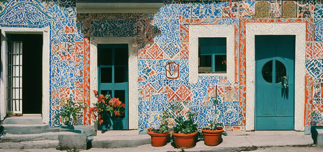 Image similar to exterior of mission revival house with portuguese tiles. monterey, ca. fujinon premista. portra 8 0 0.