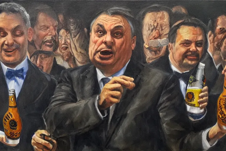 Image similar to viktor orban drinking beer and cheering at the apocalyse, highly detailed eyes, oil on canvas