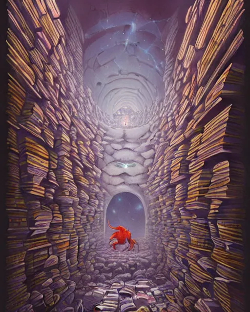 Image similar to highly detailed surreal vfx portrait of a boss monster in a catacomb of books, stephen bliss, unreal engine, greg rutkowski, loish, rhads, beeple, makoto shinkai and lois van baarle, ilya kuvshinov, rossdraws, tom bagshaw, alphonse mucha, global illumination, detailed and intricate environment