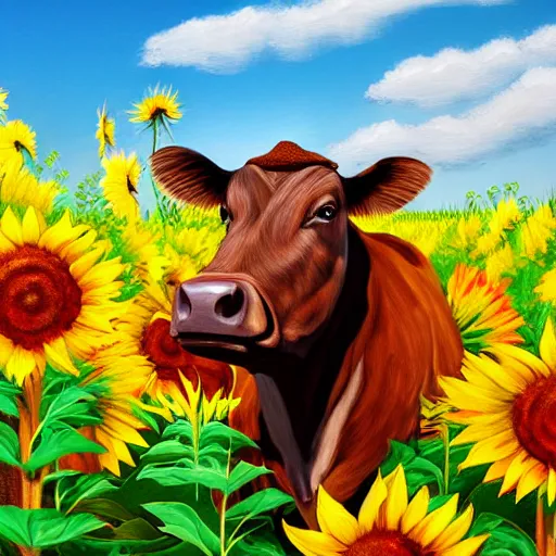 Image similar to head portrait of southern belle cow wearing a red farmers hat, surrounded by sunflowers outside in a field, 4k, illustration