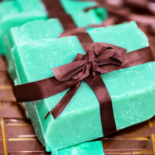 Prompt: beautiful and bright advertising, photography of a package of handmade, mint chocolate scented soap, wrapped in dark brown ribbons, studio quality, hdr 8 k photograph