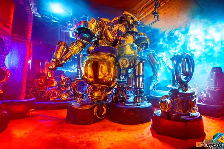 Image similar to scene is la troya party in amnesia in ibiza, portrait photo of a giant huge golden and blue metal steampunk robot, with futuristic gears and tubes, eyes are glowing red lightbulbs, shiny crisp finish, 3 d render, 8 k, insaneley detailed, fluorescent colors, haluzinogetic, background is multicolored lasershow