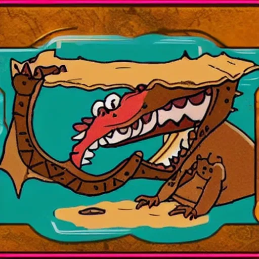 Prompt: a magic the gathering card of a crocodile eating lasagna
