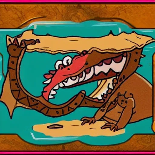 Image similar to a magic the gathering card of a crocodile eating lasagna