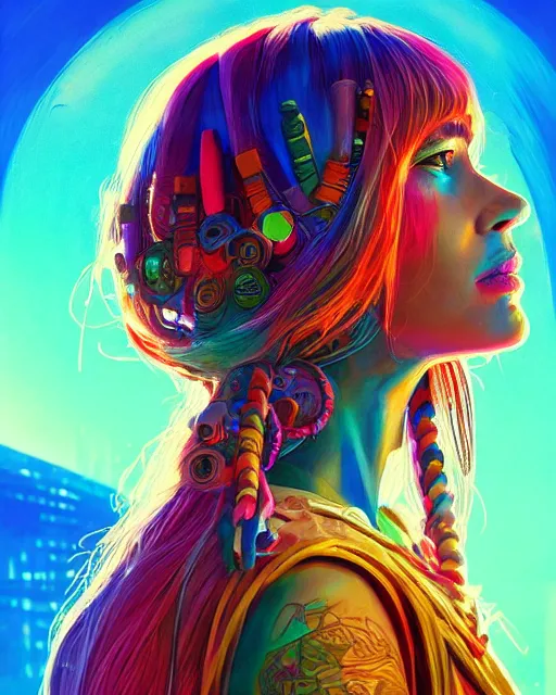 Prompt: colorful detailed portrait of a hippie, set in the future 2 1 5 0 | highly detailed | very intricate | symmetrical | professional model | cinematic lighting | award - winning | painted by mandy jurgens | pan futurism, dystopian, bold colors, cyberpunk, groovy vibe, anime aesthestic | featured on artstation