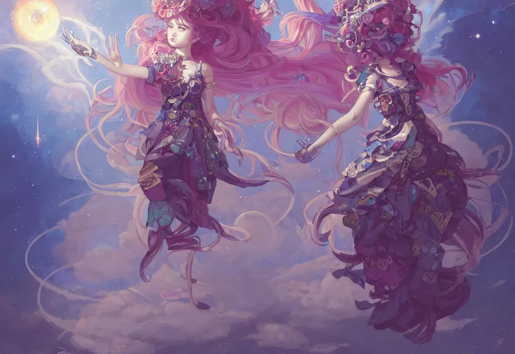 Image similar to full body picture of an maximalist dress magical girl, neat hair with bangs, smug face, extremely beautiful and aesthetic and detailed cute face and eyes, wipe out evils with cute astronaut familiar sprites, aming the magical beams to the camera, chiaroscuro, intricate, masterpiece, epic fantasy illustrations by peter mohrbacher and anato finnstark and jeremy lipking