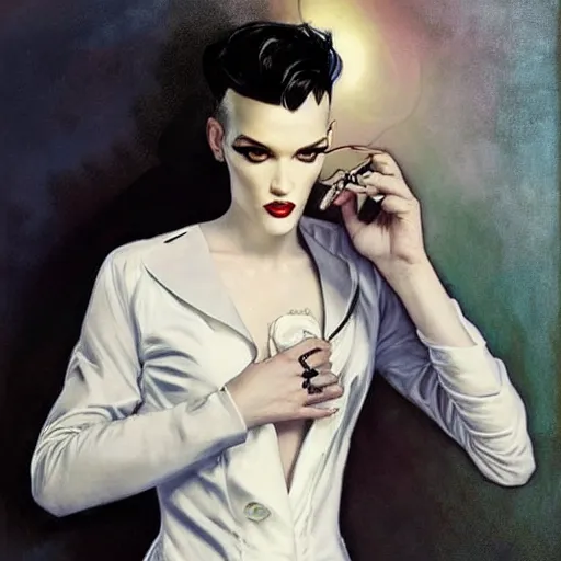 Image similar to beautiful portrait of androgynous ruby rose as desire from sandman in a white tuxedo!!!, rockabilly style, by alphonse mucha, cedric peyravernay, by jeremy mann, by frank moth, white suit and black tie, soft lightning, high detailed, 8 k