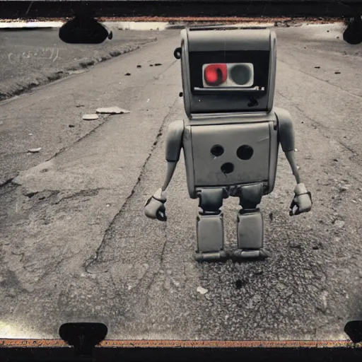 Prompt: polaroid of funny robot walking in abandoned soviet city