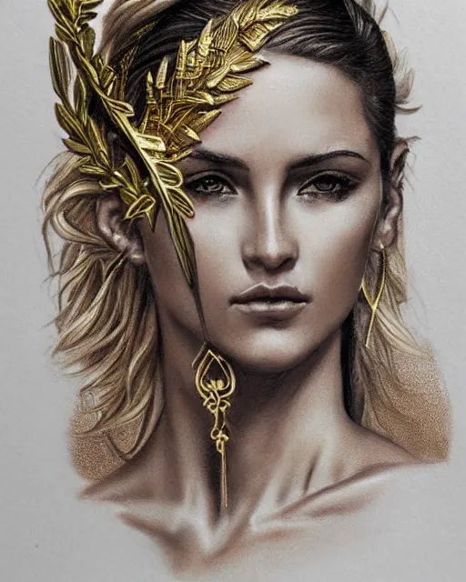 Image similar to realism tattoo sketch of beautiful super model aphrodite greek goddess wearing a gold laurel wreath and triangle earrings,, beautiful piercing gaze with sharp pupils, beautiful blonde hair, in the style of greg rutkowski, fantasy, amazing detail, epic, elegant, smooth, sharp focus, front view