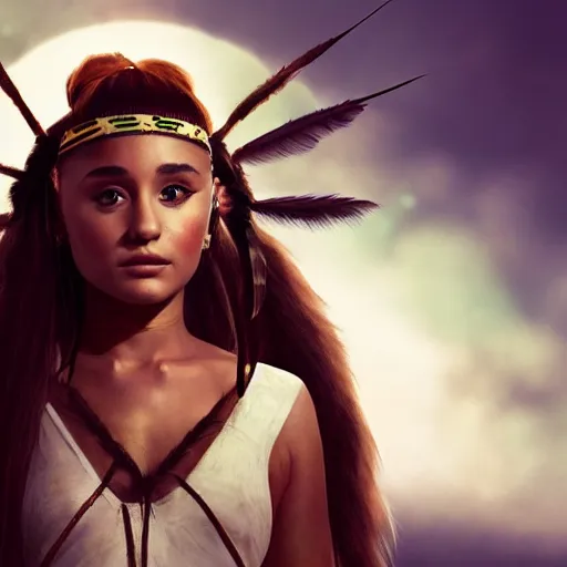 Image similar to ariana grande as a beautiful native american from 300 years ago with The Predator behind her, photography, moody lighting, artstation, realistic,