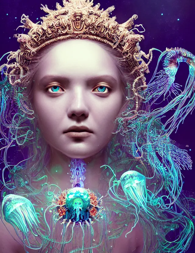 Image similar to goddess macro close - up portrait in crown made of ram skull. betta fish, jellyfish phoenix, bioluminiscent, plasma, ice, water, wind, creature, super intricate ornaments artwork by tooth wu and wlop and beeple and greg rutkowski