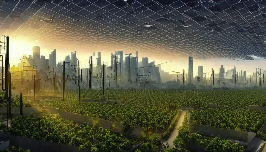 Sunrise over solarpunk city, vines, many trees and, Stable Diffusion