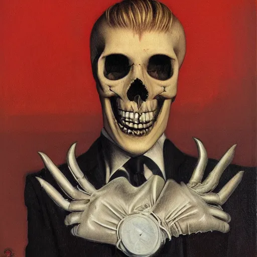 Prompt: portrait of a blond suited man with medical gloves and a skull mask, by Gerald Brom