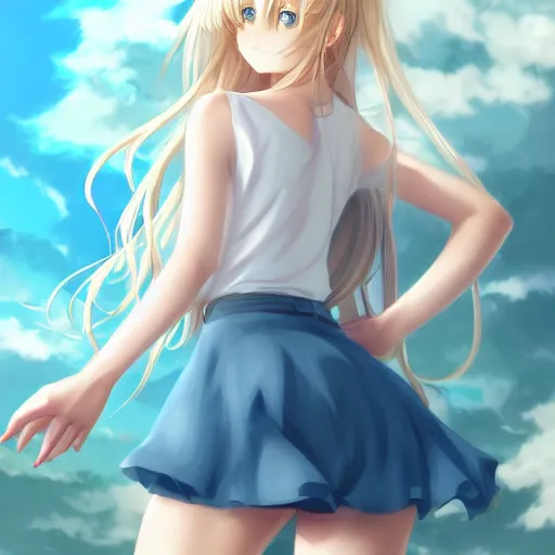 Image similar to a very beautiful anime cute girl, full body, long wavy blond hair, sky blue eyes, full round face, short smile, large top, miniskirt, front view, medium shot, mid-shot, highly detailed, cinematic wallpaper by Stanley Artgerm Lau