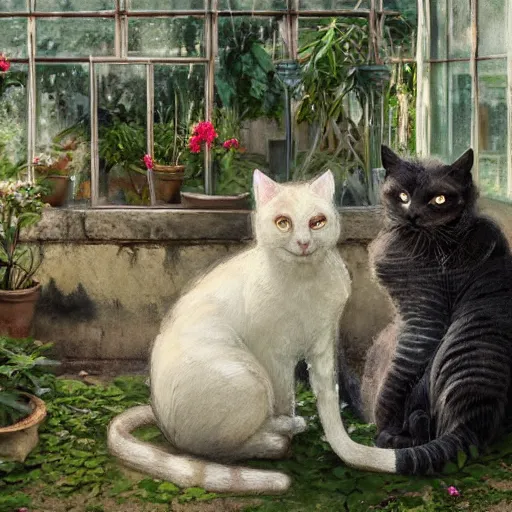 Image similar to two cats at a greenhouse in Ancient Greek | painting by Greg Rutkowski | trending on artstation | 8k | HD