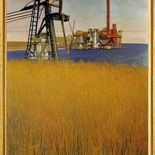 Prompt: A beautiful painting of an offshore oil rig, standing in a golden wheat field, fine art, painted by carl larsson and alphonse mucha, art deco