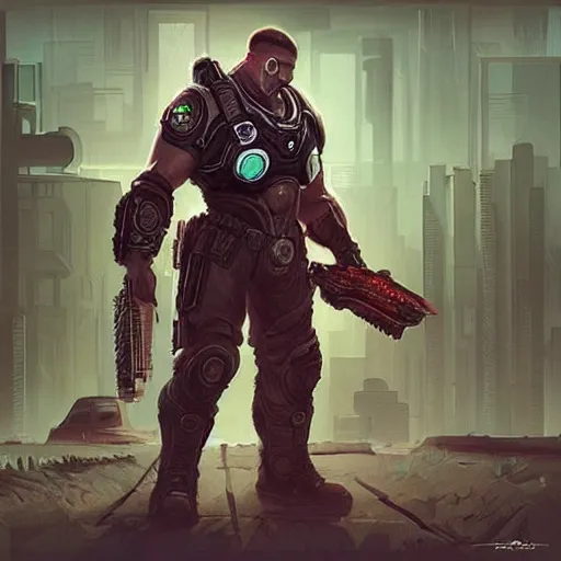 Prompt: “character concept art, full body, cyberpunk, farmer, artgerm, artstation, gears of war”