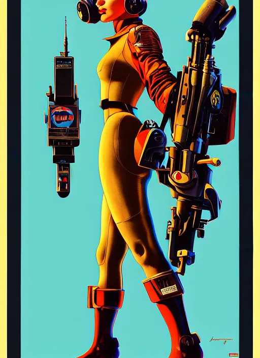 Image similar to american propaganda poster art. powerful cyberpunk pilot. portrait by jean giraud and anton otto fischer and john philip falter and will eisner and gil elvgren and pixar. full body. realistic proportions. science fiction d & d. overwatch, rb 6 s, cyberpunk 2 0 7 7, blade runner 2 0 4 9 concept art. cel shading. thick lines.