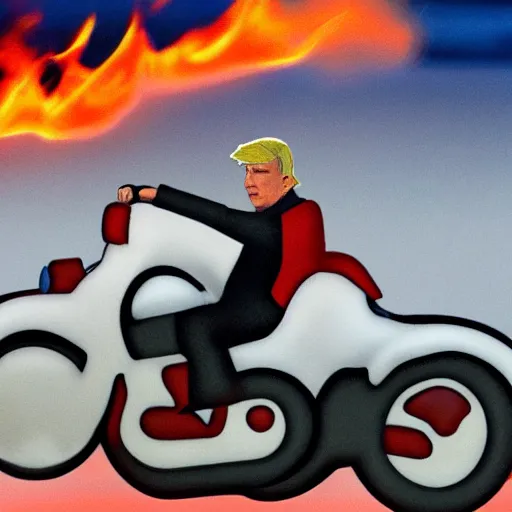 Image similar to Donald trump in a fire-y landscape, riding a motorbike without the helmet on