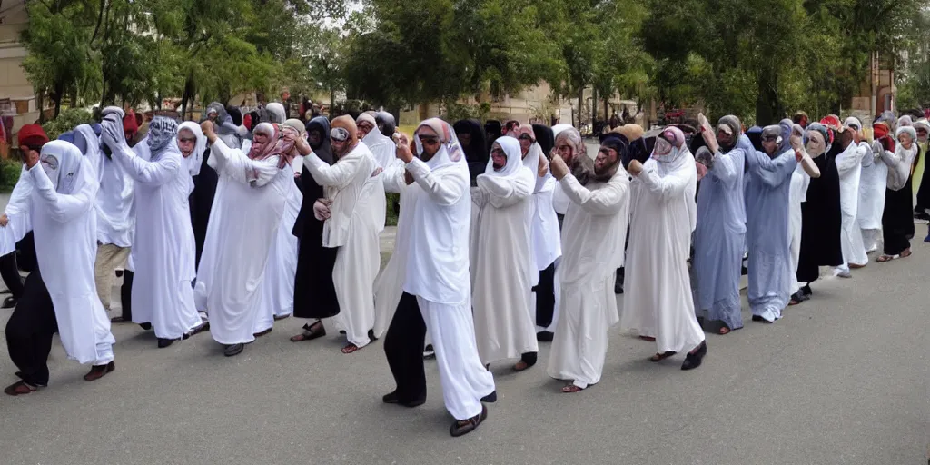 Prompt: conga line of peaceful muslims