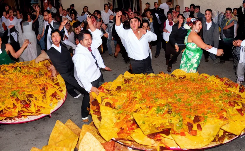 Image similar to a crowd of mexicans dancing around giant Nachos in a wedding,