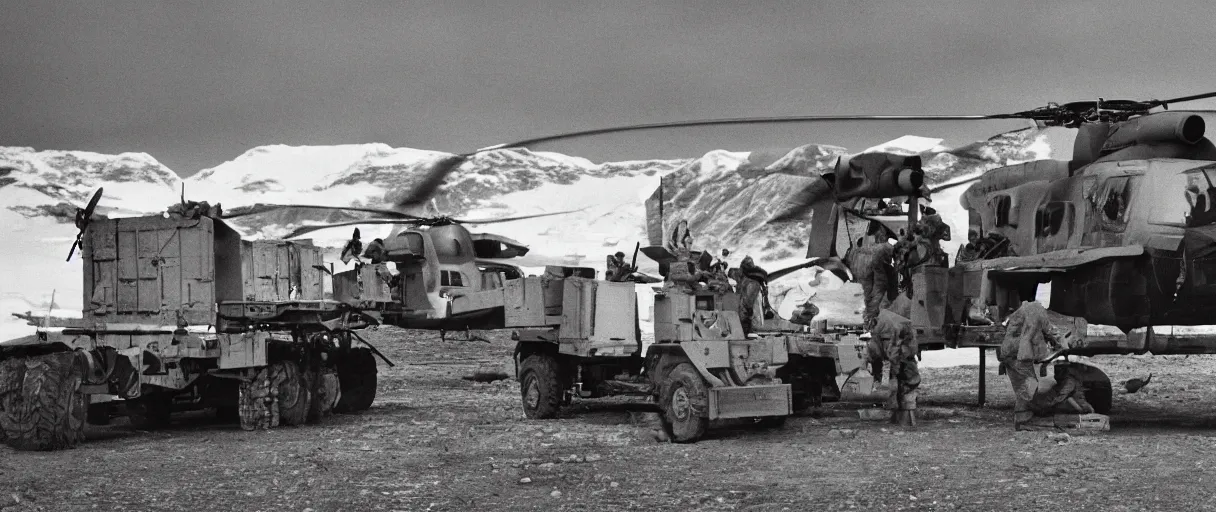 Image similar to establishing wide shot color movie like 3 5 mm photograph of middle aged caucasian us soldierss unloading dark grey metal rectangular crate from a black military 1 9 8 2 helicopter at a top secret military base in antarctica