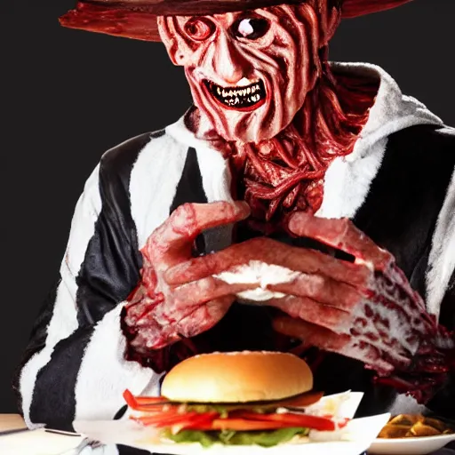 Image similar to A still of Freddy Krueger eating a burger, 4k, photograph, ultra realistic, highly detailed, studio lighting