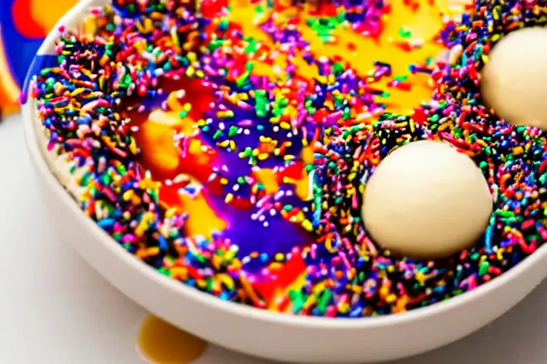 Image similar to closeup of a bowl with three balls of vanilla ice cream covered with caramel sauce and colorful sprinkles. Highly detailed.