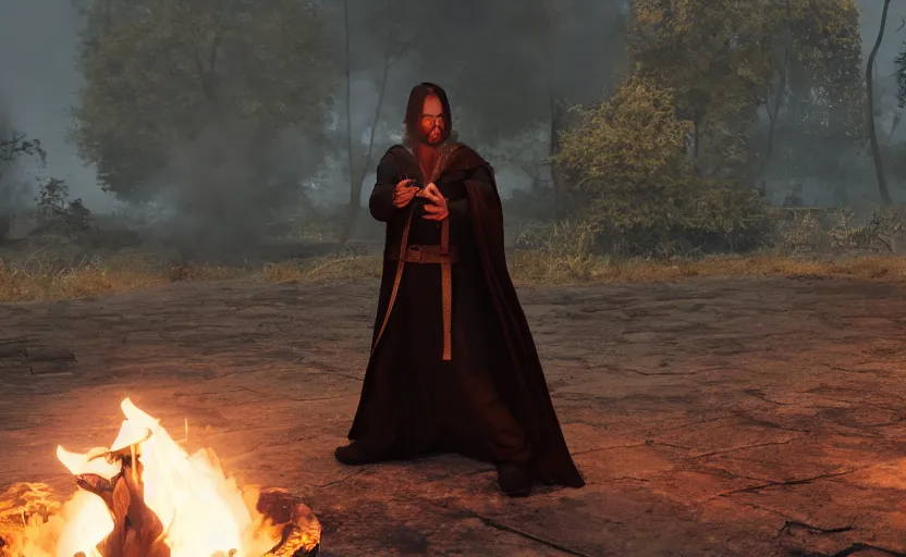 Prompt: male mage, black robe, blue fire circle in the background, war, unreal engine, ray tracing, 8k, realistic, universe