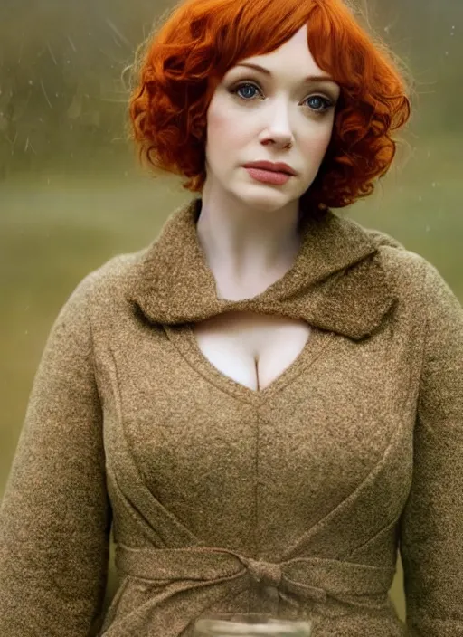 Image similar to upper body photograph portrait of a very pretty!!! christina hendricks in starfield, symmetric face, petzval lens. out of focus, sharp focus, smooth, space station. by alesio albi and george lucas and stanley kubrick