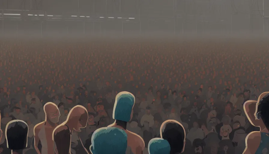 Image similar to a beautiful highly detailed matte painting close up of a crowd watching a boxing match with robots in a factory, punk styling by atay ghailan, cliff chiang, loish and goro fujita, silver, silver, brown, black, blue and cyan mystical tones, featured on artstation, featured on behance, grunge aesthetic