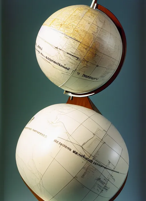 Prompt: realistic photo of a scientific model of an ugly rough globe made of white clay with wooden details, front view 1 9 9 0, life magazine reportage photo, metropolitan museum photo