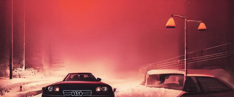 Image similar to Audi A4 B6 Avant (2002), a gritty neo-noir, dramatic lighting, cinematic, eerie person, death, homicide, homicide in the snow, gunshots, establishing shot, extremely high detail, photorealistic, red mist, red fog, chaos, arson, burning city, cinematic lighting, artstation, by simon stalenhag, Max Payne (PC) (2001) winter New York at night, In the style of Max Payne 1 graphic novel, flashing lights, Poets of the Fall - Late Goodbye