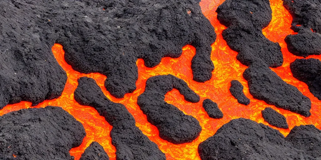 Prompt: old black volcanic lava meets the new bright orange lava on the edge, aereal photo