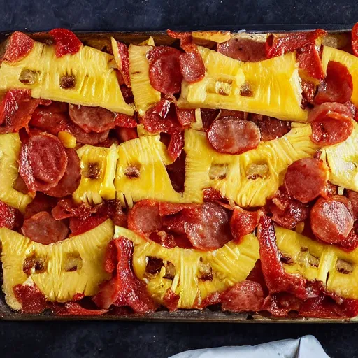 Image similar to a giant slice of pineapple on a pan, covered in pizza toppings, pepperoni, sausages and cheese