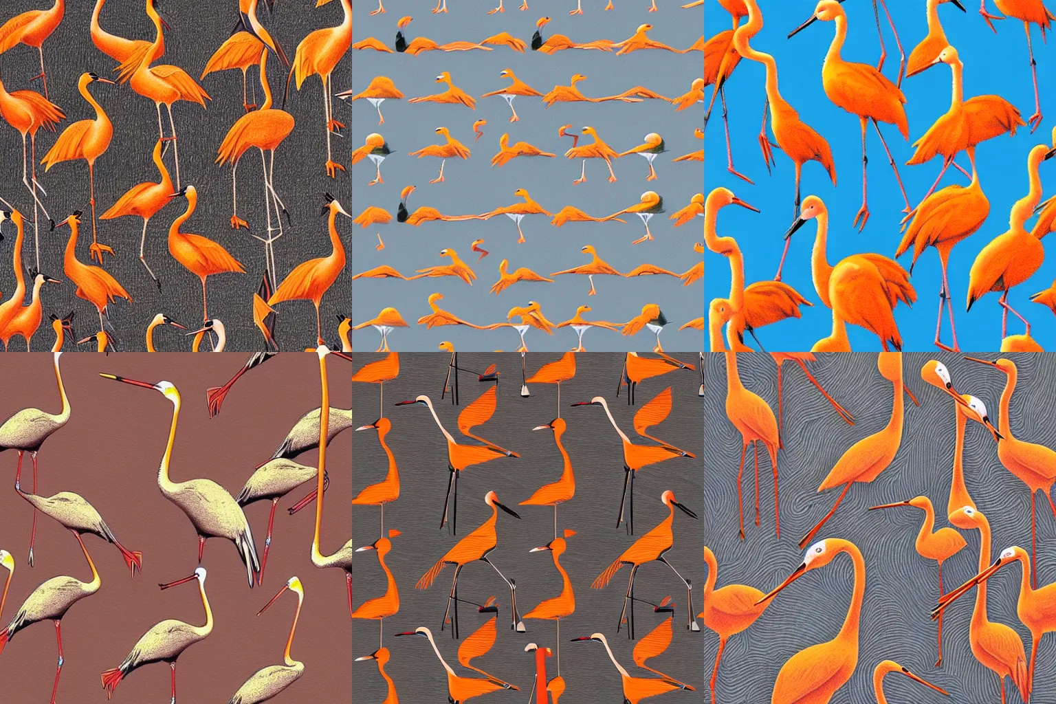 Prompt: seamles pencil drawing of many cranes, wallpaper, texture, orange pastel colors