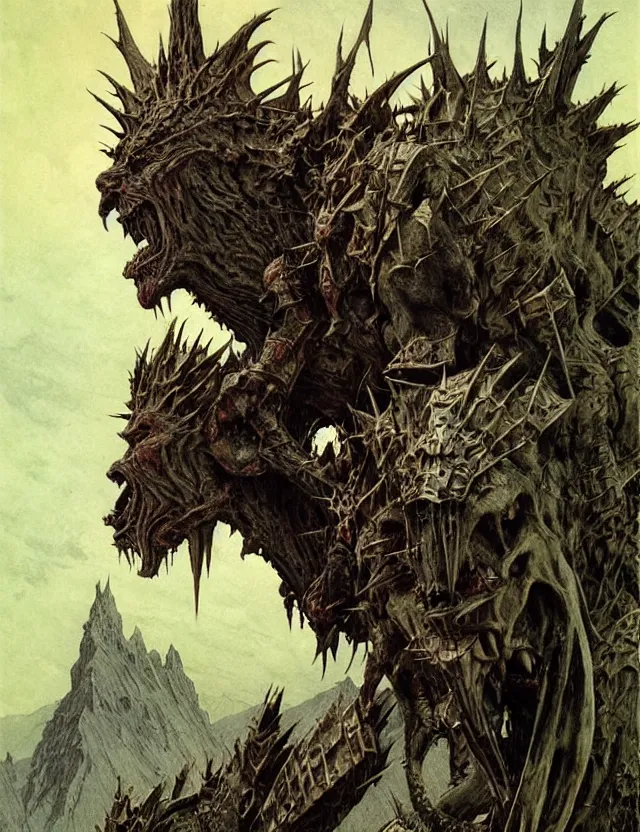 Prompt: A powerful large fanged orc with pale skin covered in scars stands near the mountains, wearing spiky complex detailed armor without a helmet. Extremely high detail, realistic, fantasy art, scars, solo, masterpiece, saturated colors, art by Zdzisław Beksiński, Arthur Rackham