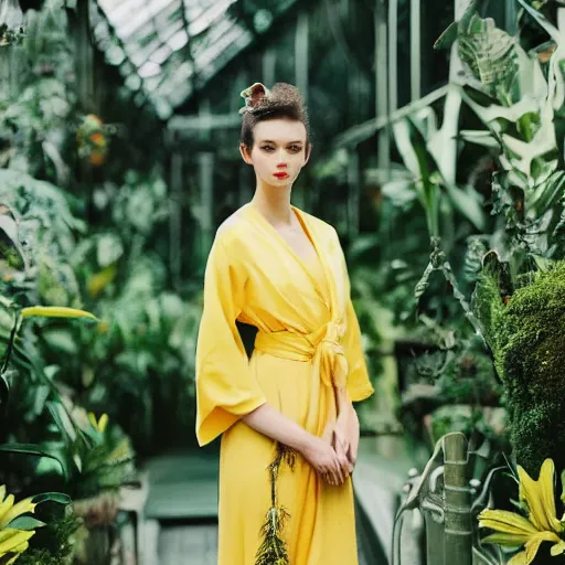 Prompt: head to shoulder film still of an elegant top model wearing a yellow kimono with a very detailed barn owl on her shoulder!!! in a tropical greenhouse. looking at the camera!!. super resolution. 85 mm f1.8 lens.bokeh. graflex. art by Alessio albi and ashley wood and Edmund Blair Leighton and John Singer Sargent! -