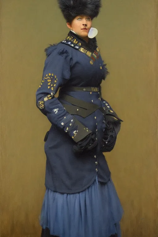 Image similar to facial portrait of the empress of the minnesota timberwolves, 1 8 8 9, in full military garb, midnight blue, aurora green, lake blue, moonlight grey, oil on canvas by william sidney mount, trending on artstation