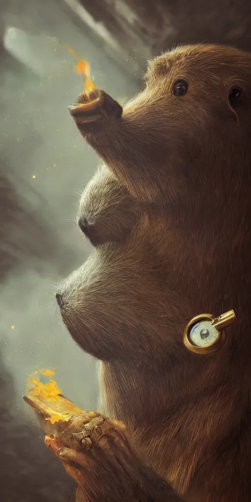 Prompt: oil painting of anthropomorphized capybara smoking a cigar, detective clothes, close shot, full body, dark steampunk mine shaft background, sharp focus, fantasy style, octane render, volumetric lighting, 8k high definition, highly detailed, trending on art Station, dungeons and dragons artwork, centered