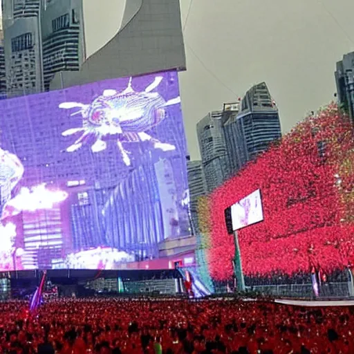 Image similar to singapore national day parade, giant hologram of lee kuan yew floating overhead