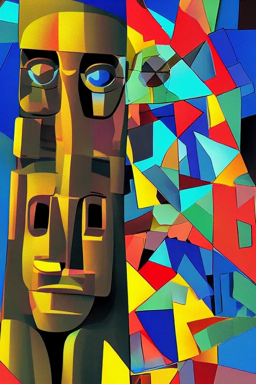 Image similar to cubist moai statue cutout digital illustration cartoon colorful beeple