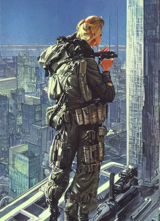 Image similar to Dinah. USN special forces operator looking at city skyline. Futuristic gear. mgs and rb6s Concept art by James Gurney and Alphonso Mucha.