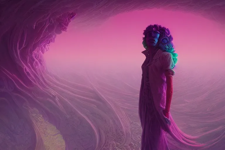 Prompt: muted vaporwave ombre. double exposure, druid of creativity, beautiful character fashion design, by josan gonzalez and paul lehr and david heskin and seb mckinnon and jared s. merantz and alex grey, hi - fructose, 8 k, digital matte painting