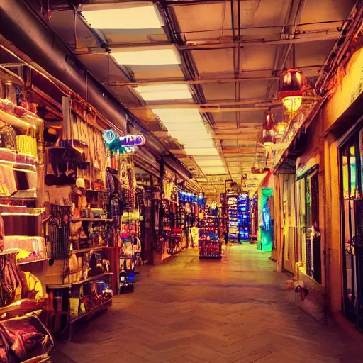 Image similar to inside a store at night, ethereal, ancient, neon lit, cosmic, mysterious