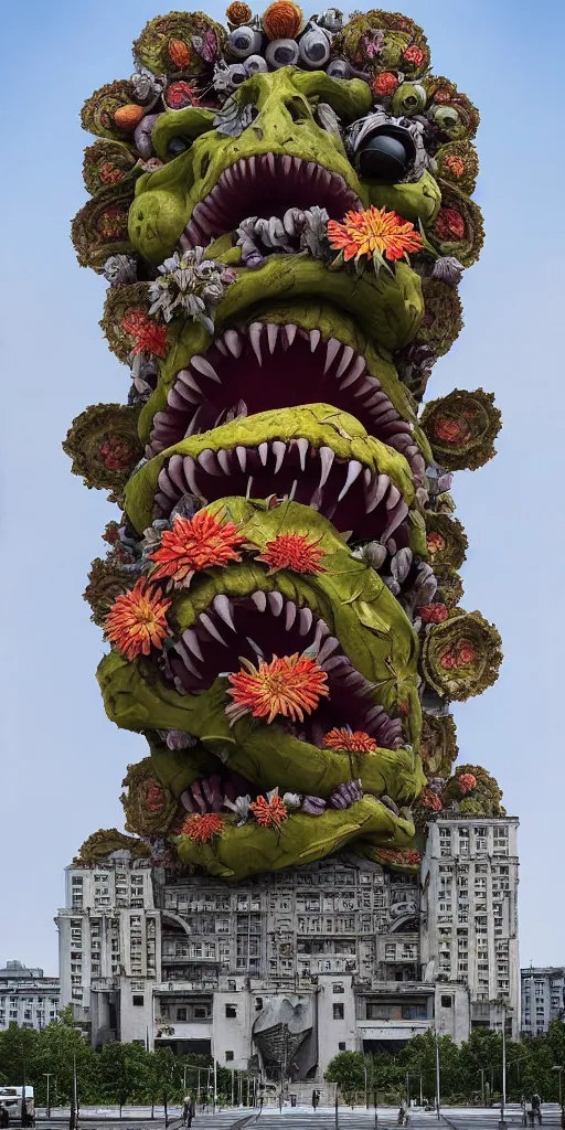 Prompt: colossal grotesque Beelzebub flower made from angry smiles in the middle of post soviet constructivist cityscape, Stalinist architecture, brutalist architecture, ultradetailed, Intricate by Hayao Miyazaki and Josan Gonzalez and Makoto Shinkai and Giuseppe Arcimboldo and MC Esher and Wes Anderson